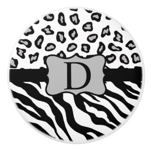 Schwarz-weißes Zebra Leopard-Monogramm Keramikknauf