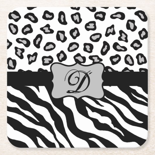 Schwarz-weißes Zebra Leopard-Monogramm Rechteckiger Pappuntersetzer (Vorderseite)