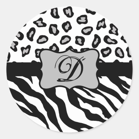 Schwarz-weißes Zebra Leopard-Monogramm Runder Aufkleber (Vorderseite)