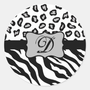 Schwarz-weißes Zebra Leopard-Monogramm Runder Aufkleber