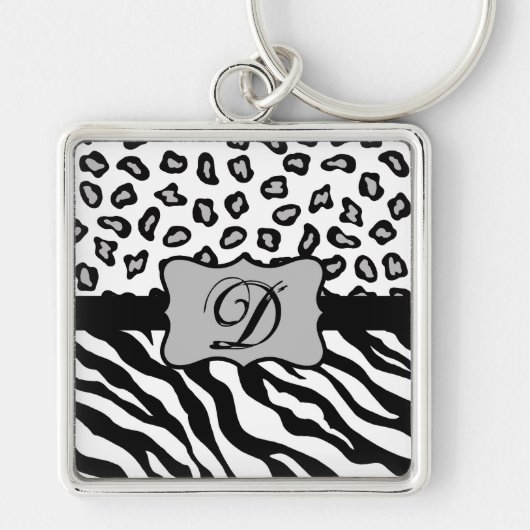 Schwarz-weißes Zebra Leopard-Monogramm Schlüsselanhänger (Vorne)