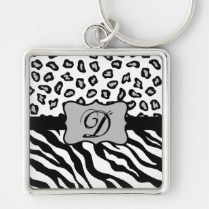 Schwarz-weißes Zebra Leopard-Monogramm Schlüsselanhänger