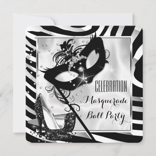 Schwarz-weißes Zebra Masquerade Ball Party 2 Einladung (Vorderseite)