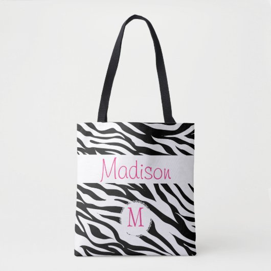 Schwarz-weißes Zebra-Tierdruckmonogramm Tasche (Vorderseite)