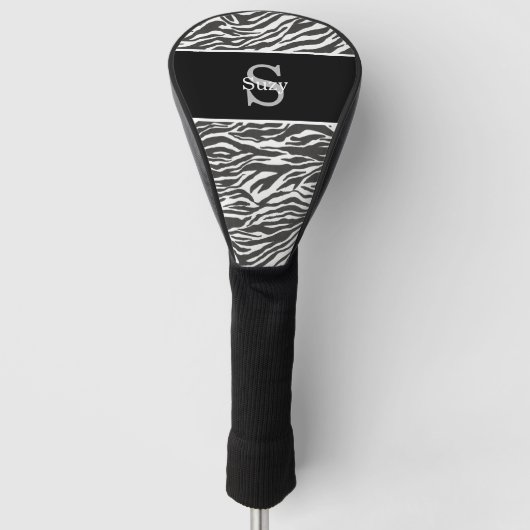 Schwarz-weißes Zebra-Tiermuster Anfangsmonogramm Golf Headcover (Vorderseite)