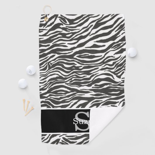 Schwarz-weißes Zebra-Tiermuster Anfangsmonogramm Golfhandtuch (Insitu)