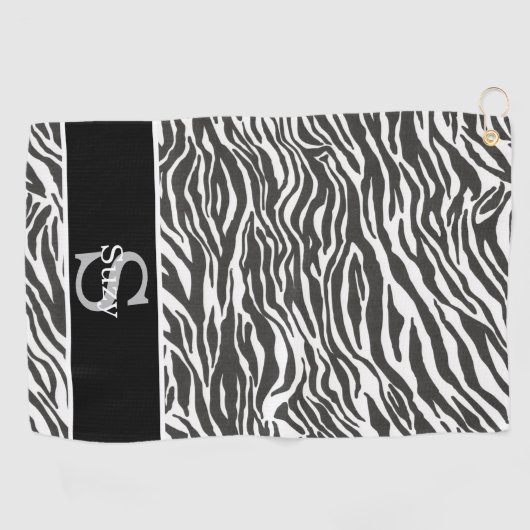Schwarz-weißes Zebra-Tiermuster Anfangsmonogramm Golfhandtuch (Horizontal)