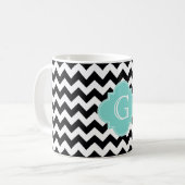 Schwarz-weißes Zickzack Aqua-Quatrefolienmonogramm Kaffeetasse (Vorderseite Links)