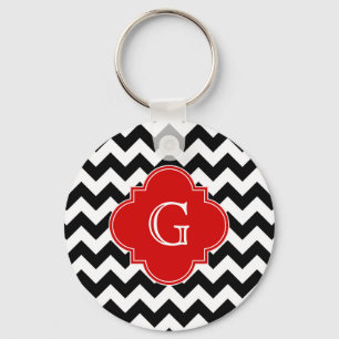 Schwarz-weißes Zickzack rotes Quatrefoil Monogram Schlüsselanhänger