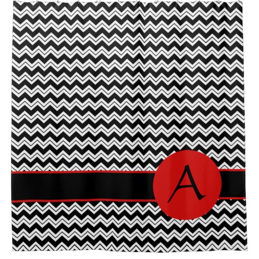 Schwarz-weißes Zickzack ZigZag Rotes Monogramm Cus Duschvorhang (Vorderseite)