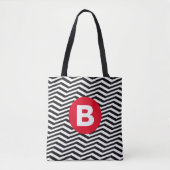 Schwarz-weißes Zickzackmuster mit rotem Monogramm Tasche (Vorderseite)