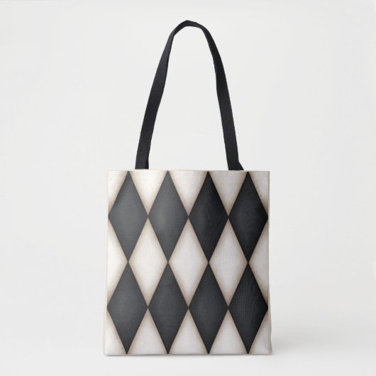 Schwarz. White Diamond Karo Harlequin Pattern Tasche (Vorderseite)