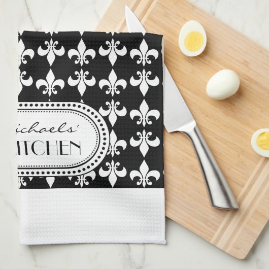 Schwarz | White Lilie Monogram Pattern Küchentuch (Viertel Falte)