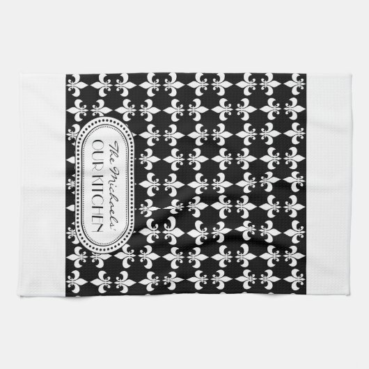 Schwarz | White Lilie Monogram Pattern Küchentuch (Horizontal)