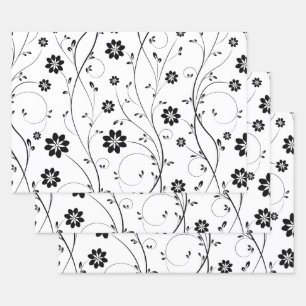 Schwarz-zartes Blume-Muster Geschenkpapier Set