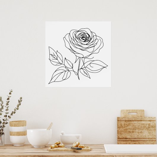 Schwarz zeichnend minimalistische Rose-One-Line-Ku Poster (Küche)