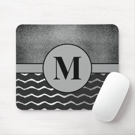 Schwarz-Zickzack-Silver-Glitzer-Monogramm Mousepad (Mit Mouse)