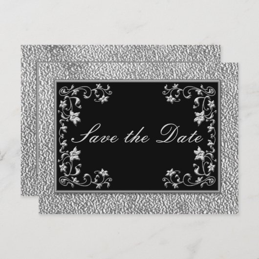 Schwarz-Zieh-Flor-Save the Date Postkarte (Vorne/Hinten)