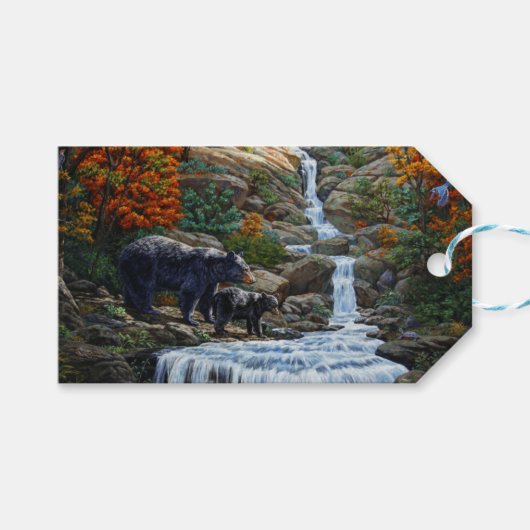 Schwarzbär Mutter und Cube Wasserfall Geschenkanhänger (Vorderseite (Horizontal))