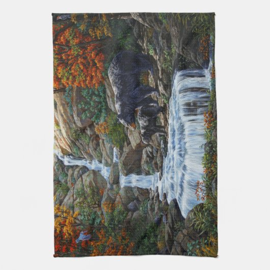 Schwarzbär Mutter und Cube Wasserfall Geschirrtuch (Vertikal)