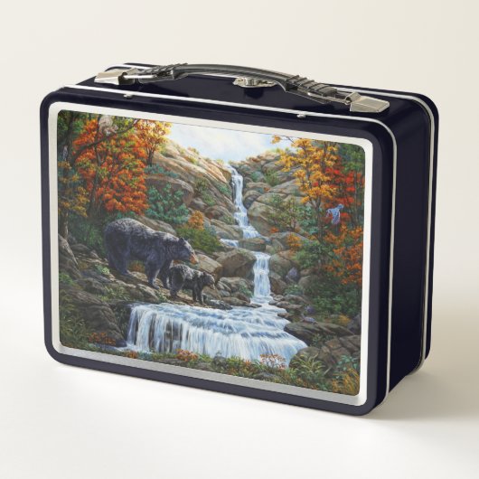 Schwarzbär Mutter und Cube Wasserfall Metall Brotdose (Rückseite)