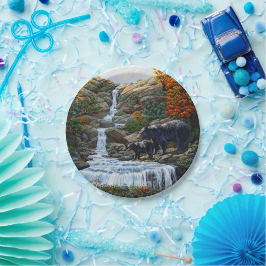 Schwarzbär Mutter und Cube Wasserfall Pappteller (Party)