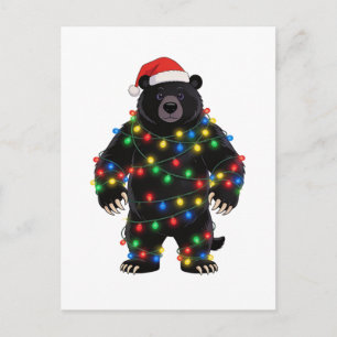 Schwarzbär Santa Hut Weihnachtslichter Fröhlich Postkarte