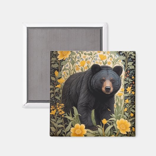 Schwarzbär und gelbe Butterbecher-Blume Magnet (Vorderseite/Rückseite)