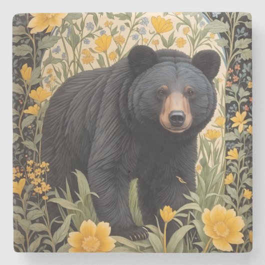 Schwarzbär und gelbe Butterbecher-Blume Steinuntersetzer (Vorderseite)
