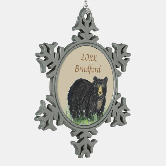 Schwarzbrauner Bär, Datum der Personalisierung Schneeflocken Zinn-Ornament (Links)