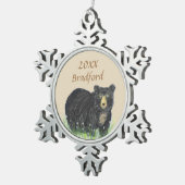 Schwarzbrauner Bär, Datum der Personalisierung Schneeflocken Zinn-Ornament (Rechts)