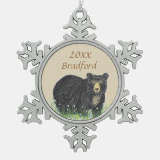 Schwarzbrauner Bär, Datum der Personalisierung Schneeflocken Zinn-Ornament