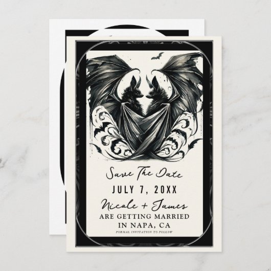 Schwarzcreme Silbergotische Liebe Fledermäuse Save Einladung (Vorne/Hinten)