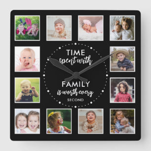 Schwarze 12-Foto-Vorlage Zeit mit Familienzitat Quadratische Wanduhr