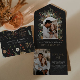 Schwarze 2-Foto-Aquarell-Botanik-Save-the-Date-Kar All In One Einladung