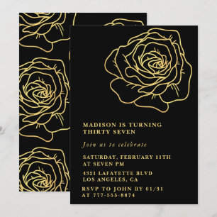 Schwarze 37. Geburtstagseinladungen Goldene Blumen Einladung