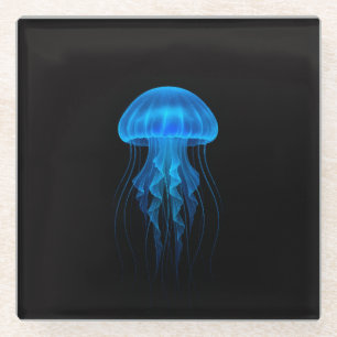 Schwarze 4 Luxe Glasuntersetzer, Neonblaue Qualle Glasuntersetzer