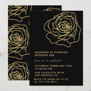 Schwarze 76. Geburtstagseinladungen Goldene Blumen Einladung