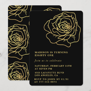 Schwarze 81. Geburtstagseinladungen Gold Blumen Einladung