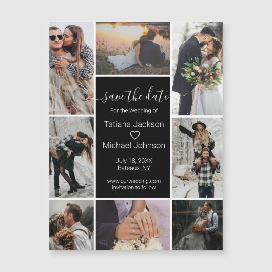 Schwarze 8-Foto-Collage speichern Datums-Magnet Magnetkarte (Vorderseite)