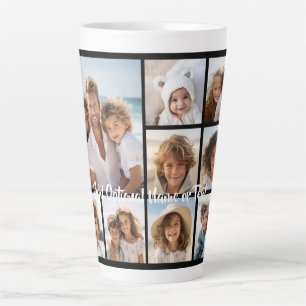 Schwarze 9-Foto-Quadrat-Collage - mit weißer Schri Milchtasse