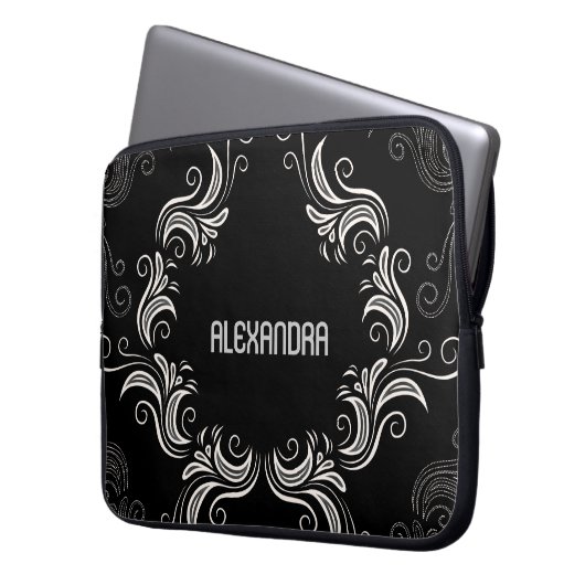 Schwarze A- und Weißbarocke Wirbel, Monogramm Laptopschutzhülle (Vorderseite Links)
