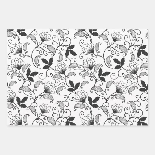 Schwarze Abstrakte Blüte auf weißem Hintergrund Geschenkpapier Set (Vorderseite 2)