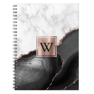 Schwarze Achat-Roségold-weiße Marmor-Monogramm Notizblock