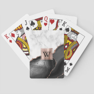 Schwarze Achat-Roségold-weiße Marmor-Monogramm Spielkarten