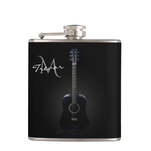 Schwarze Akustikgitarre-Monogramm-Musik-Flasche Flachmann (Vorderseite)