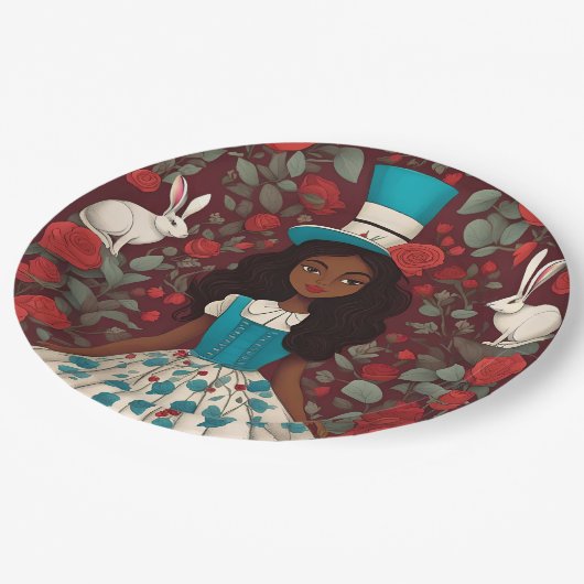 Schwarze Alice im Wunderland Pappteller (Schrägansicht)