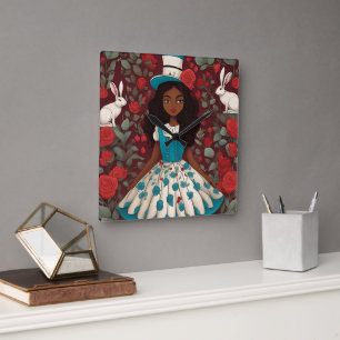 Schwarze Alice im Wunderland Quadratische Wanduhr