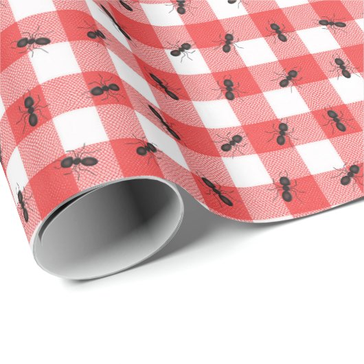 Schwarze Ameisen auf Gingham Karo Geschenkpapier (Rolleneckpunkt)