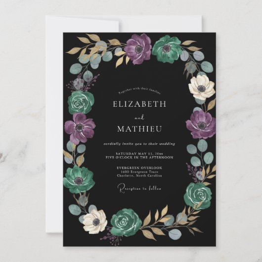 Schwarze Amethyst-Girlande Hochzeit Einladung (Vorderseite)